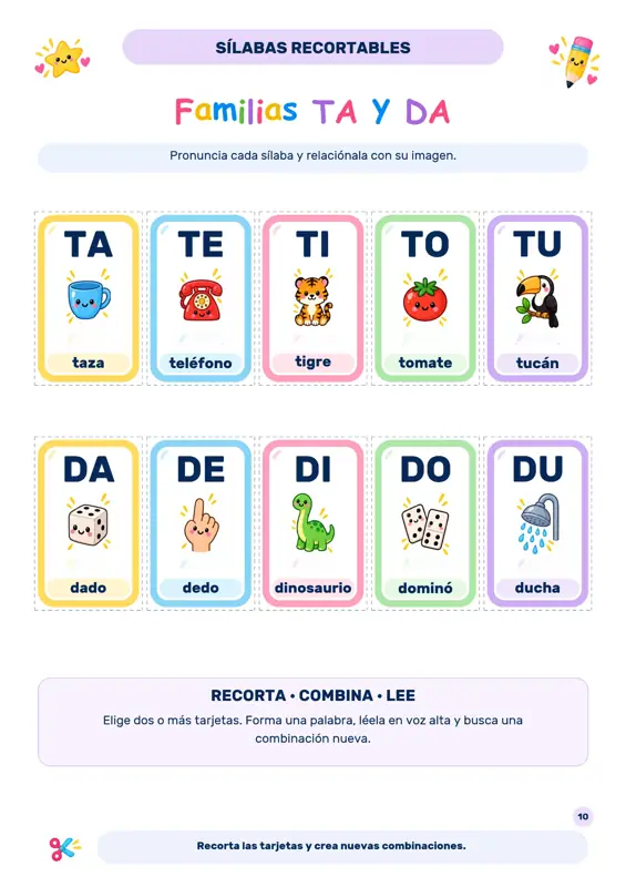 Sílabas recortables de las familias TA y DA