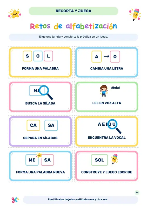 Tarjetas de retos de alfabetización para recortar y jugar
