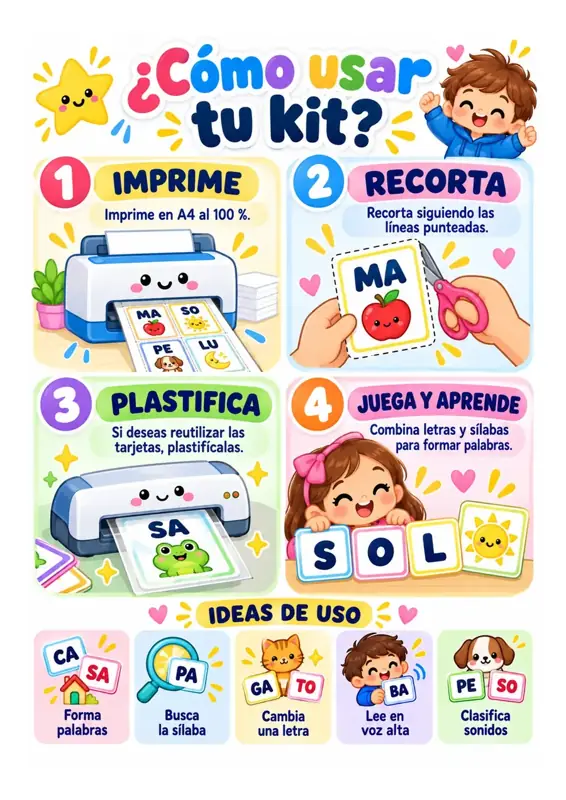 Guía rápida de uso del kit: imprimir, recortar, plastificar y jugar